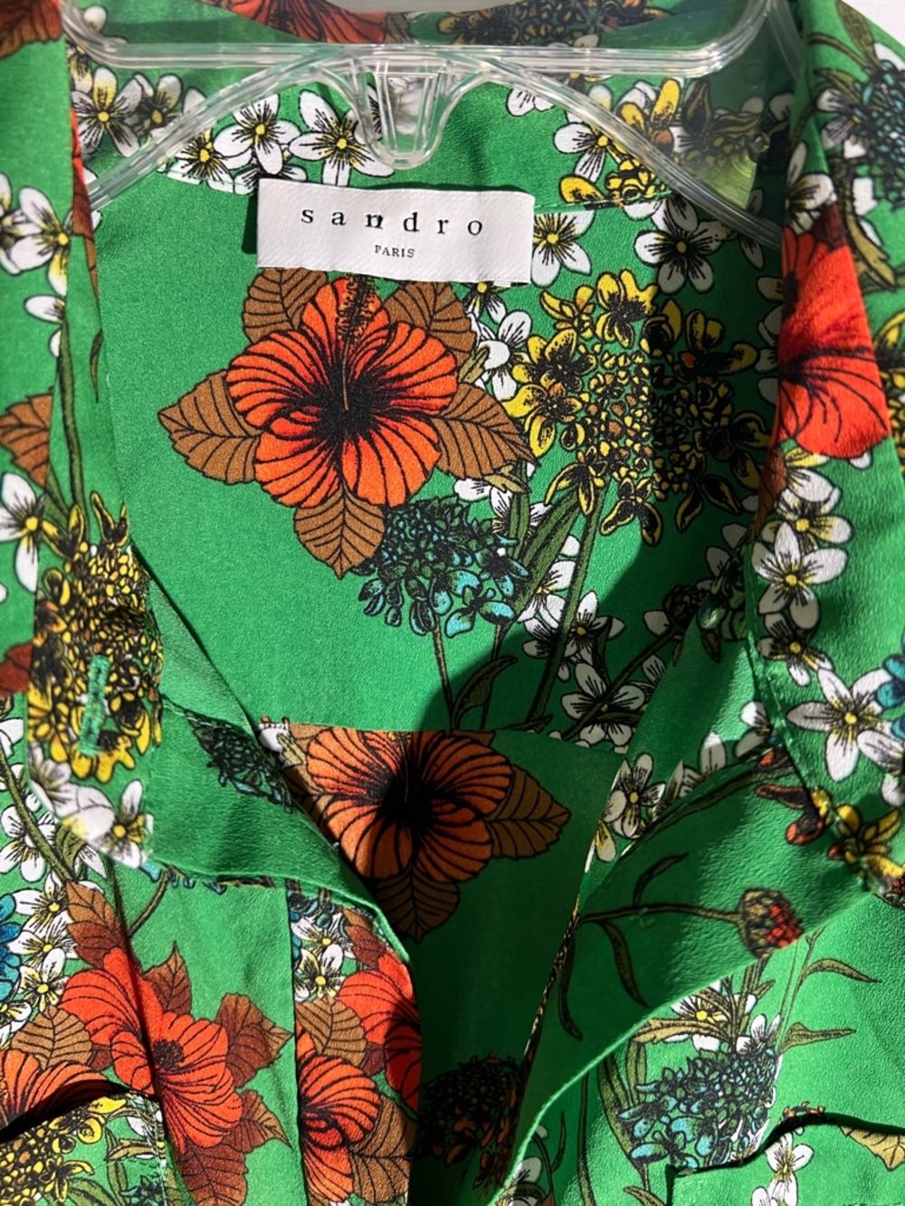 Sandro Green Floral Short-Sleeve Jumpsuit with Red Blooms - Picture 10 of 11